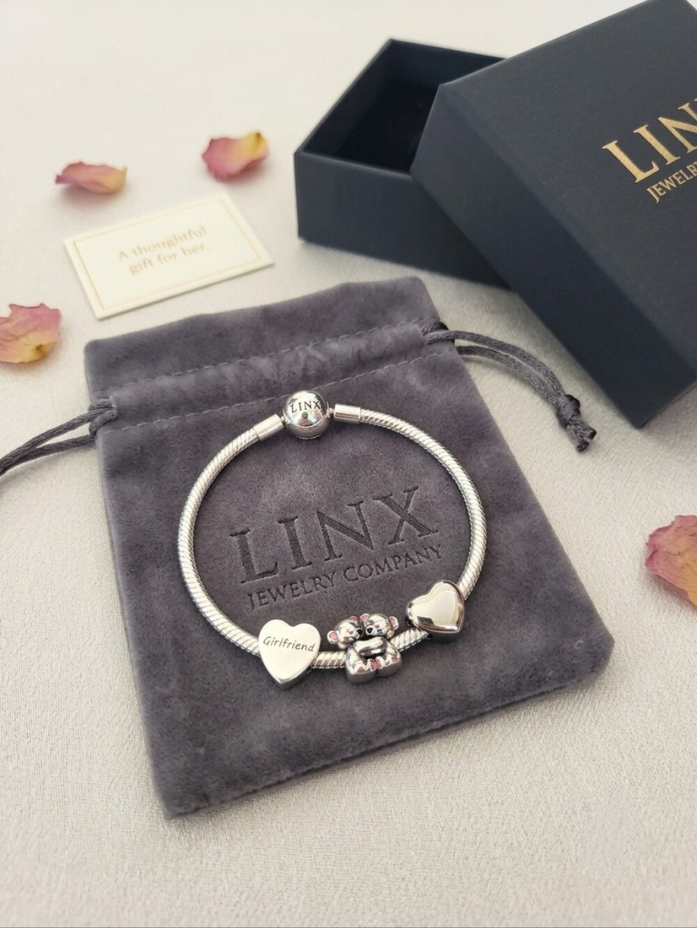 Linx Snake Chain Bracelet with Girlfriend Themed Charms 925 sterling silver